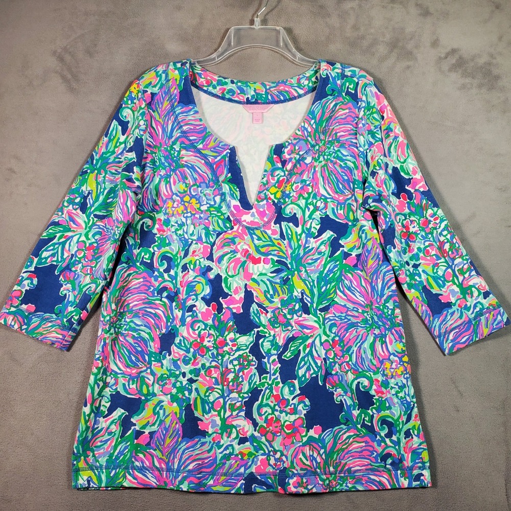 Lilly Pulitzer Justina Tunic Top Women L Indigo Exotic Escapade Beach Preppy